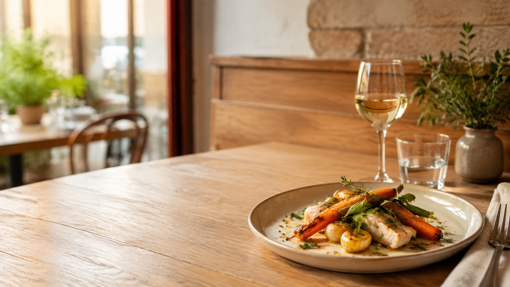 Assiette de saison dressée dans une salle de restaurant chaleureuse